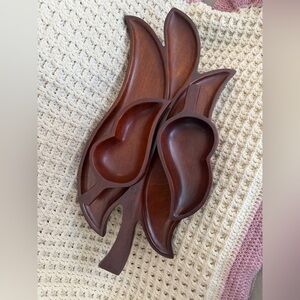 Mid Century Mahogany Wood Leaf Serving Tray And Bowls Handmade Made in Haiti